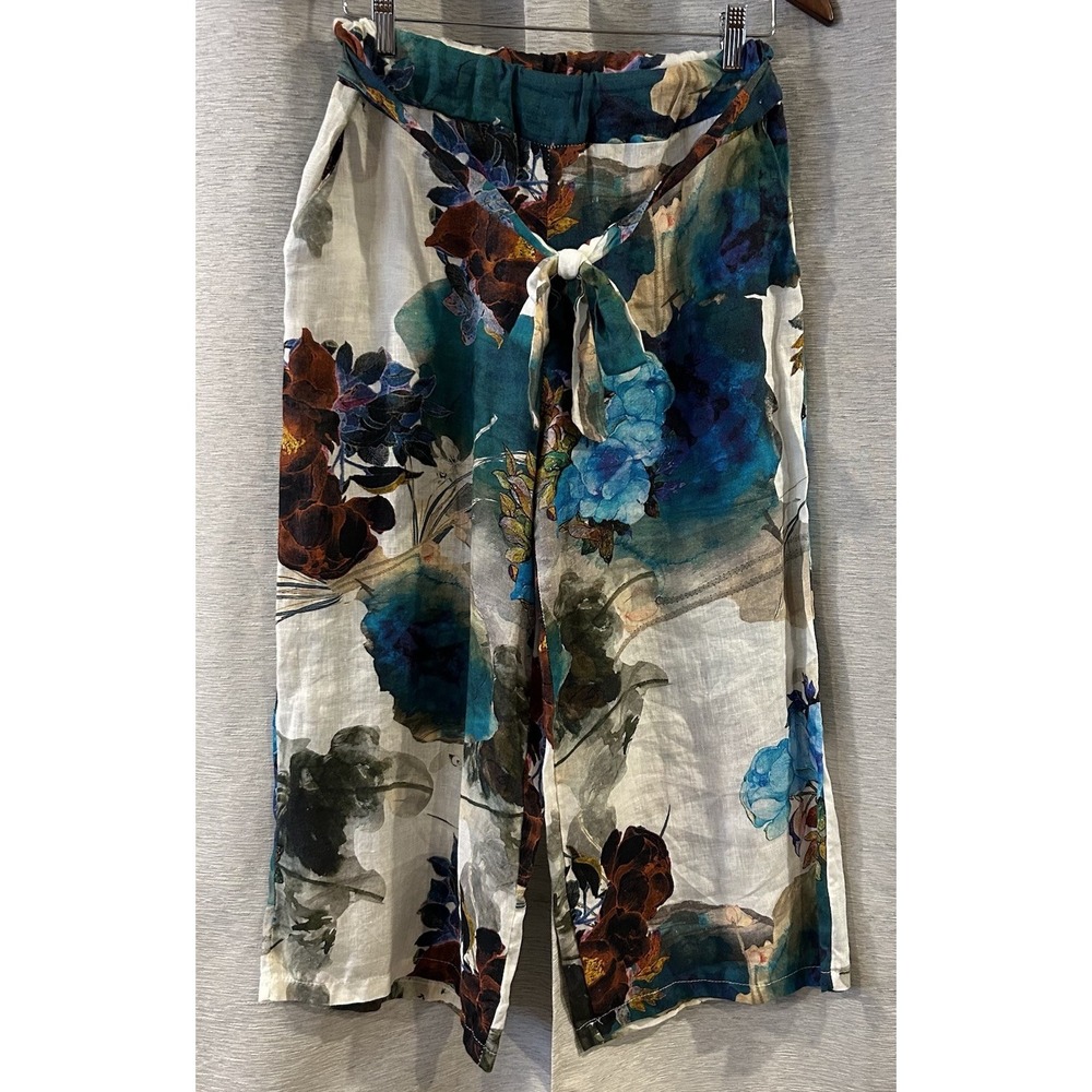 Floral Print Straight Leg Linen Ankle Pants Made In Italy L/XL